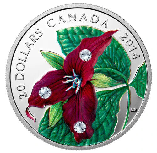 1 Oz Silver Coin 2014 Canada $20 Red Trillium with Crystal Dew Drops Swarovski-classypw.com-1