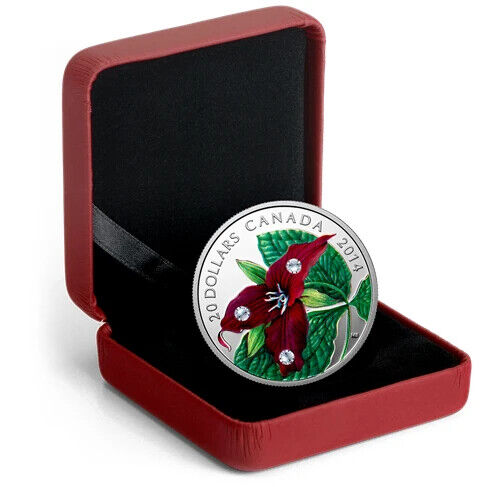 1 Oz Silver Coin 2014 Canada $20 Red Trillium with Crystal Dew Drops Swarovski-classypw.com-3