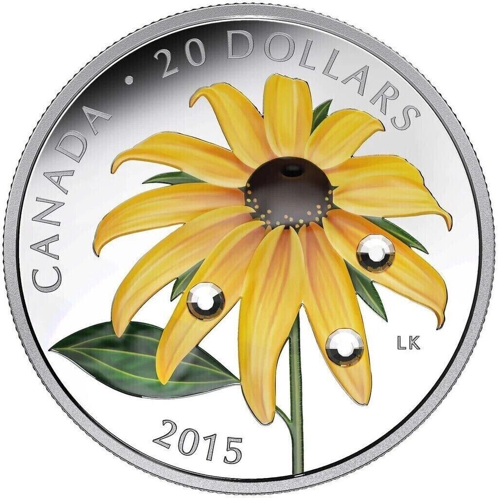 1 Oz Silver Coin 2015 $20 Canada Black-Eyed Susan w/ Swarovski Crystal Dew Drops