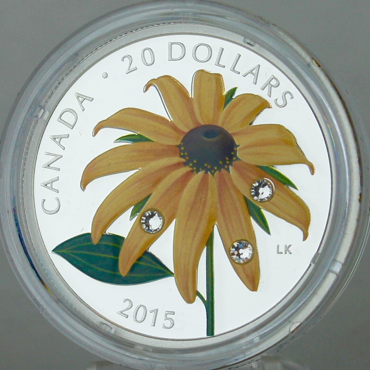 1 Oz Silver Coin 2015 $20 Canada Black-Eyed Susan w/ Swarovski Crystal Dew Drops