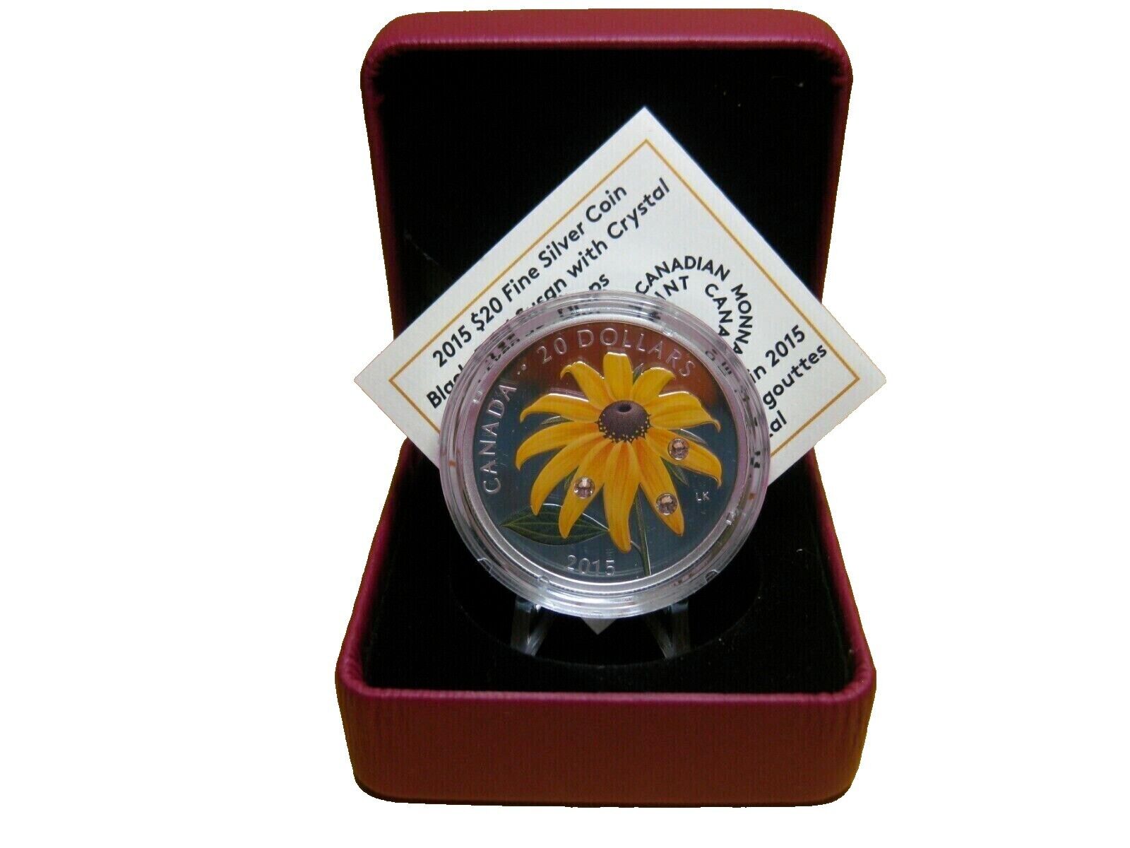 1 Oz Silver Coin 2015 $20 Canada Black-Eyed Susan w/ Swarovski Crystal Dew Drops