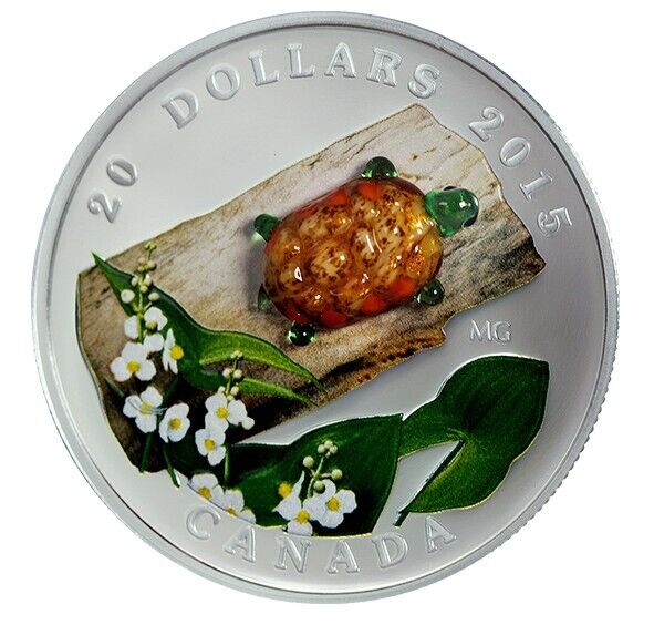 1 Oz Silver Coin 2015 $20 Canada Murano Glass Turtle Broadleaf Arrowhead Flower-classypw.com-1