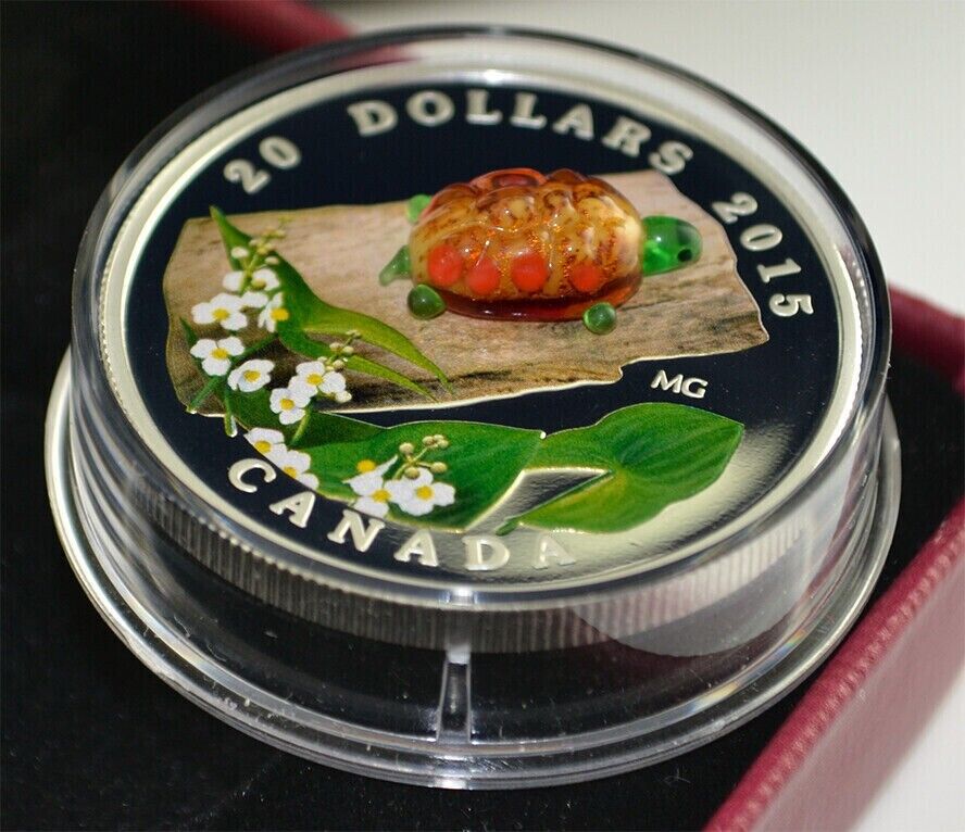 1 Oz Silver Coin 2015 $20 Canada Murano Glass Turtle Broadleaf Arrowhead Flower-classypw.com-4
