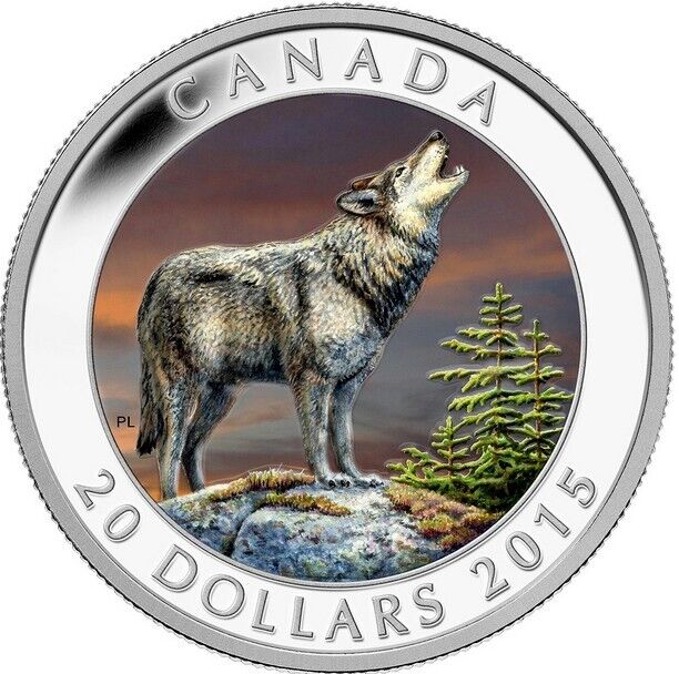 1 Oz Silver Coin 2015 $20 Canada Proof Color Howling Eastern Timber Wolf