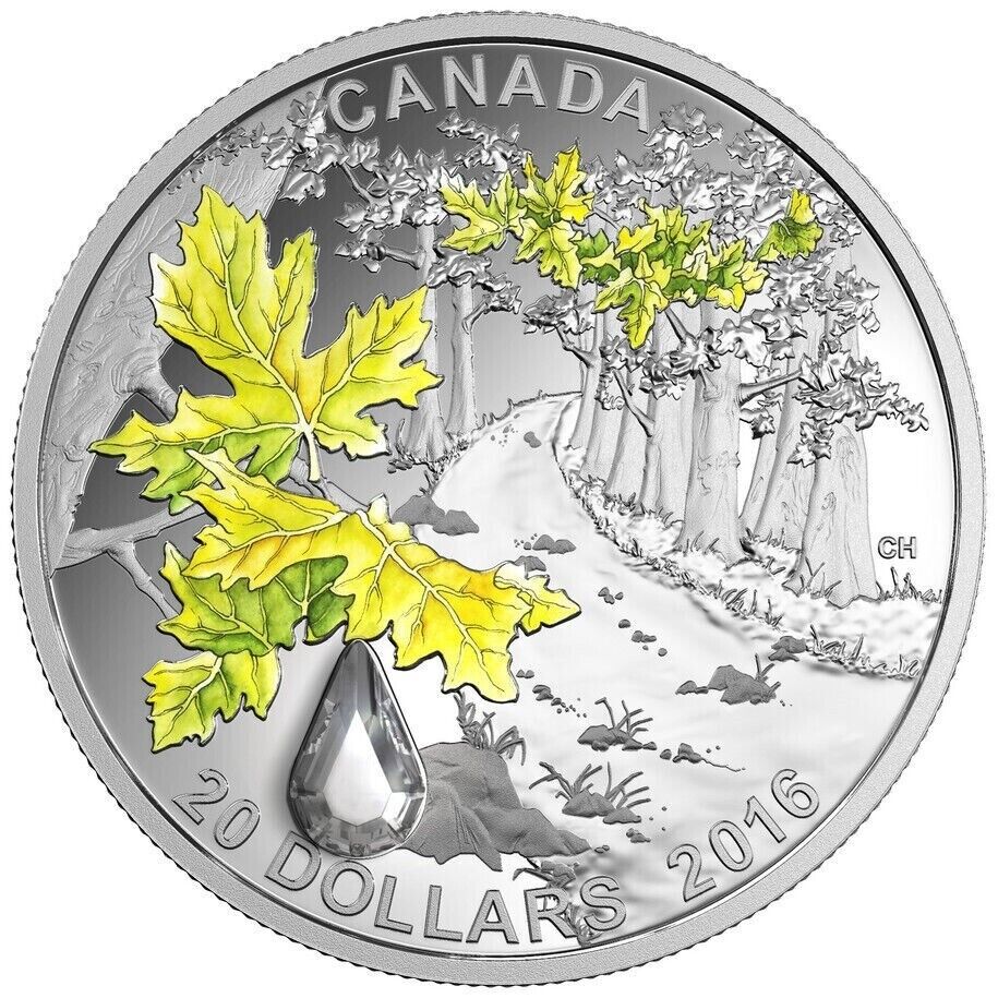 1 Oz Silver Coin 2016 $20 Canada Jewel of the Rain Bigleaf Maple Swarovski Drop-classypw.com-1