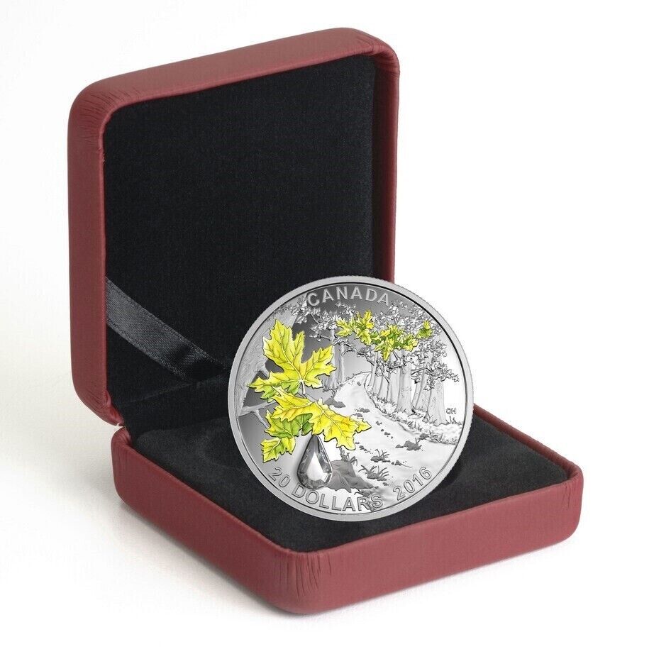 1 Oz Silver Coin 2016 $20 Canada Jewel of the Rain Bigleaf Maple Swarovski Drop-classypw.com-3