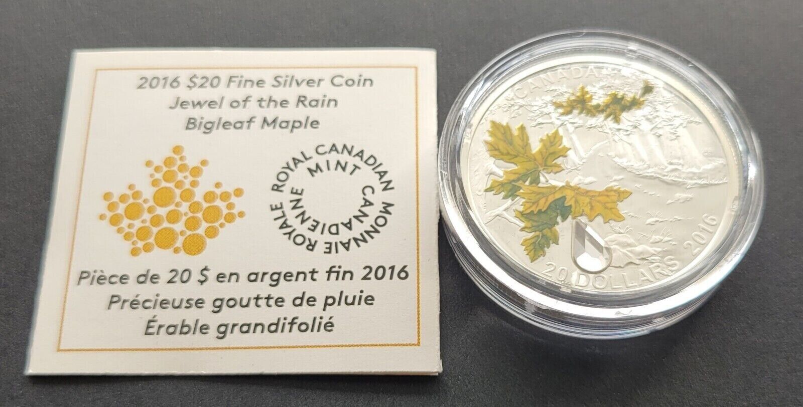1 Oz Silver Coin 2016 $20 Canada Jewel of the Rain Bigleaf Maple Swarovski Drop-classypw.com-4