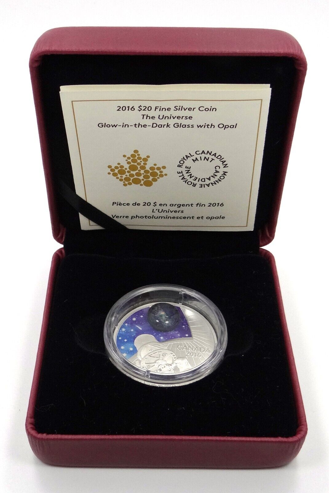 1 Oz Silver Coin 2016 $20 Canada The Universe Glow in the Dark Glass with Opal-classypw.com-4
