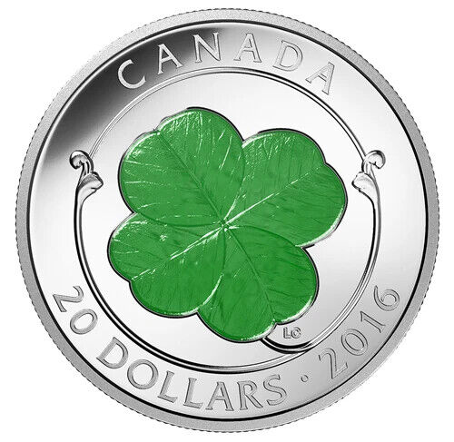 1 Oz Silver Coin 2016 Canada $20 Lucky Four-Leaf Clover With Green Enamel-classypw.com-1