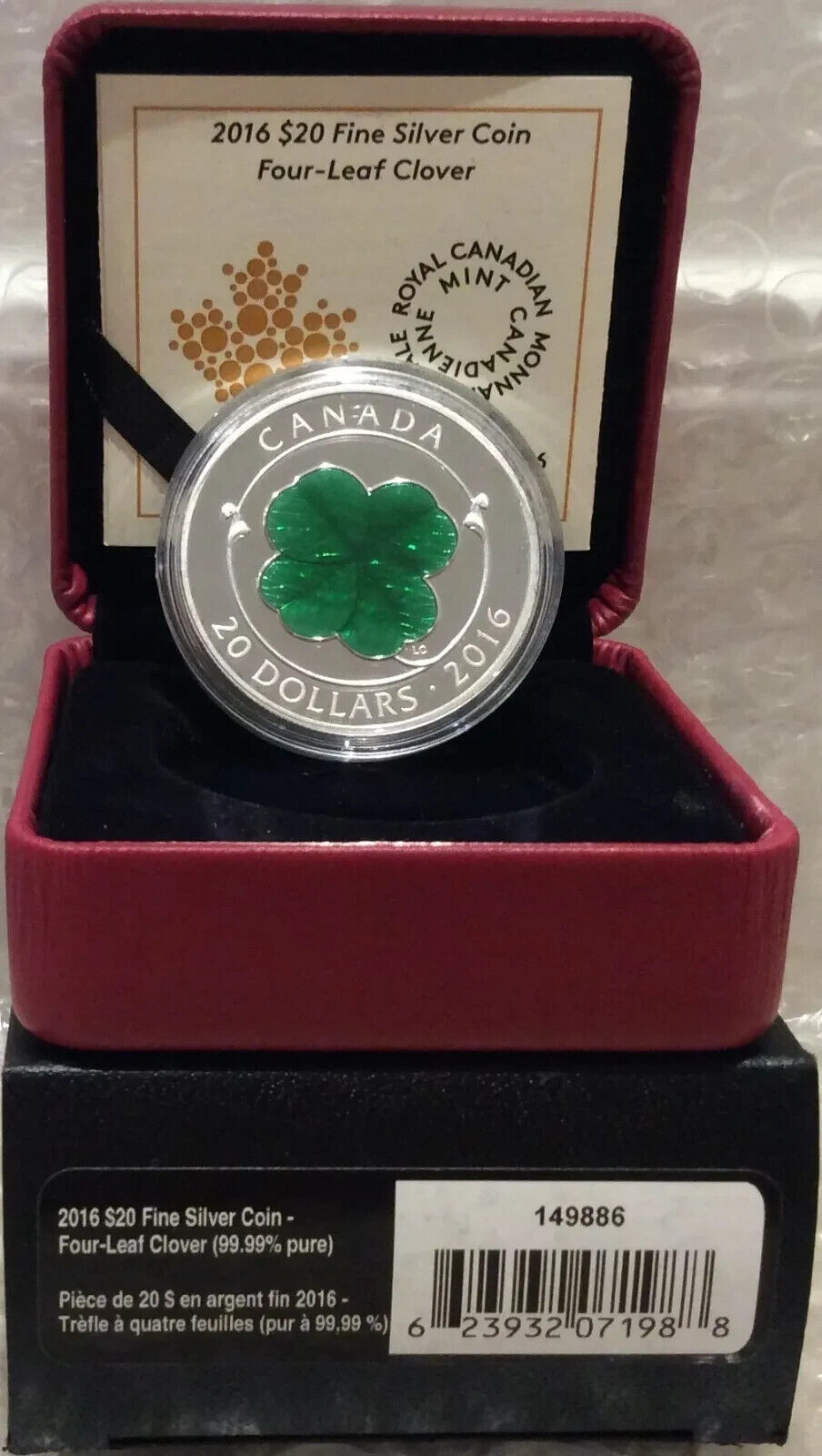 1 Oz Silver Coin 2016 Canada $20 Lucky Four-Leaf Clover With Green Enamel-classypw.com-4