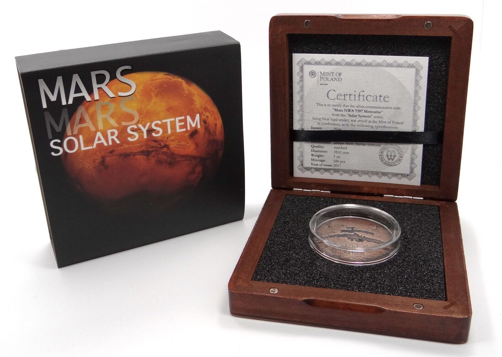 1 Oz Silver Coin 2017 $1 Niue Solar System Mars NWA 7397 Meteorite Box & COA-classypw.com-4