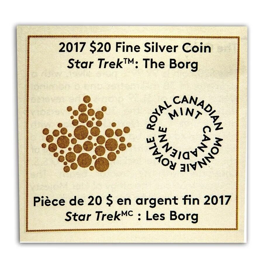 1 Oz Silver Coin 2017 $20 Canada Color Proof Star Trek: The Borg w/Borg Cube Box