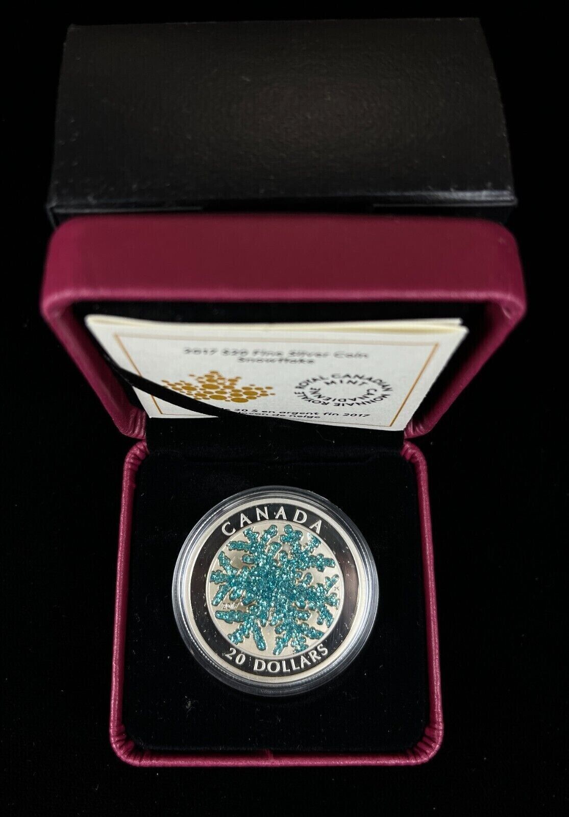 1 Oz Silver Coin 2017 $20 Canada Snowflake Dendrite Ice Crystal Blue Enamel-classypw.com-5