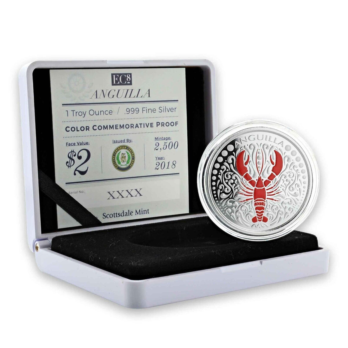 1 Oz Silver Coin 2018 EC8 Anguilla $2 Scottsdale Mint Color Proof - Lobster-classypw.com-5
