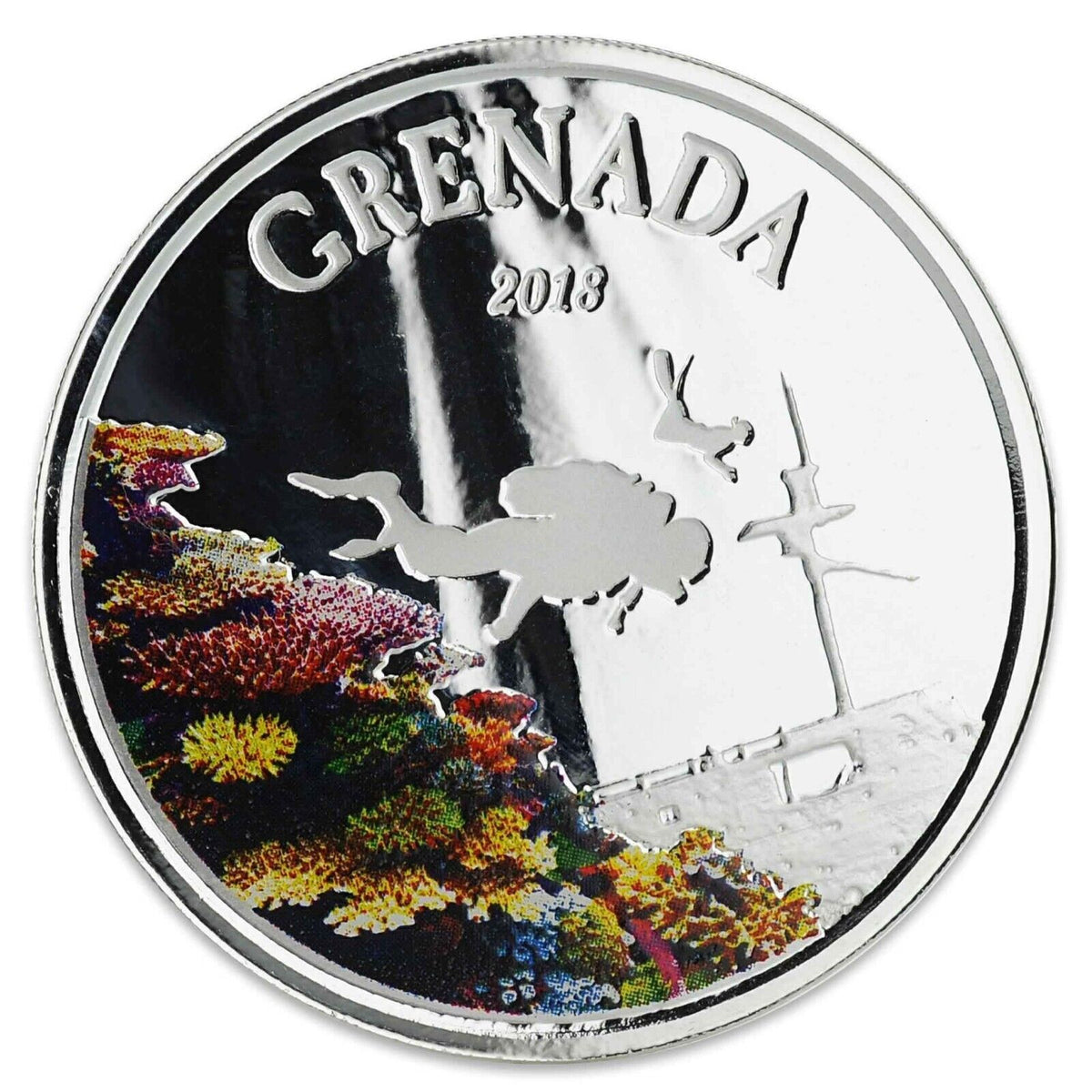 1 Oz Silver Coin 2018 EC8 Grenada $2 Scottsdale Mint Color Proof Diving Paradise-classypw.com-2