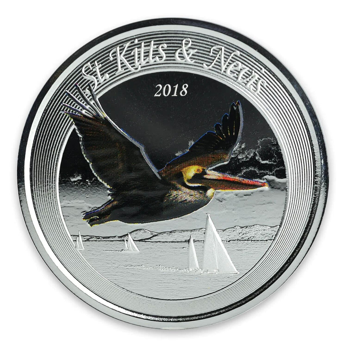 1 Oz Silver Coin 2018 EC8 Saint Kitts &amp; Nevis $2 Color Proof - Brown Pelican-classypw.com-1