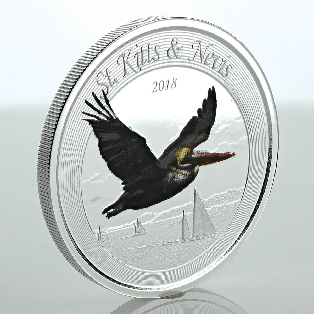 1 Oz Silver Coin 2018 EC8 Saint Kitts &amp; Nevis $2 Color Proof - Brown Pelican-classypw.com-2