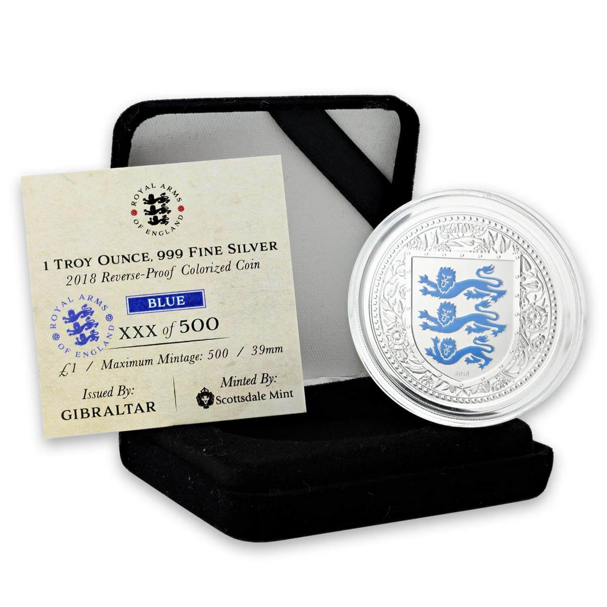 1 Oz Silver Coin 2018 Gibraltar £2 Royal Arms of England Color Proof - Blue-classypw.com-4