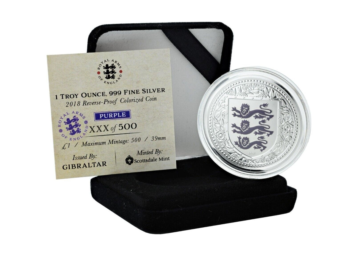 1 Oz Silver Coin 2018 Gibraltar £2 Royal Arms of England Color Proof - Purple-classypw.com-9
