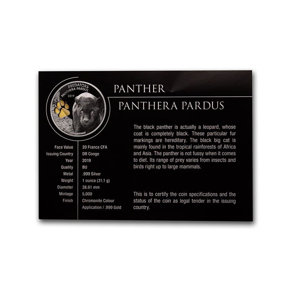 1 Oz Silver Coin 2019 20 CFA Congo Colorized Predators Panthera Pardus Panther-classypw.com-3