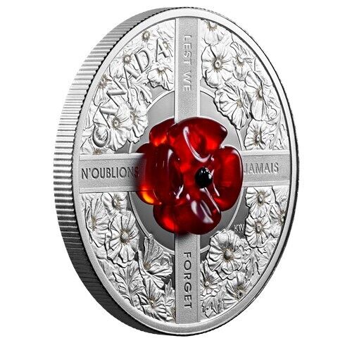 1 Oz Silver Coin 2019 $20 Canada Murano Glass Poppy Flower Lest We Forget-classypw.com-2