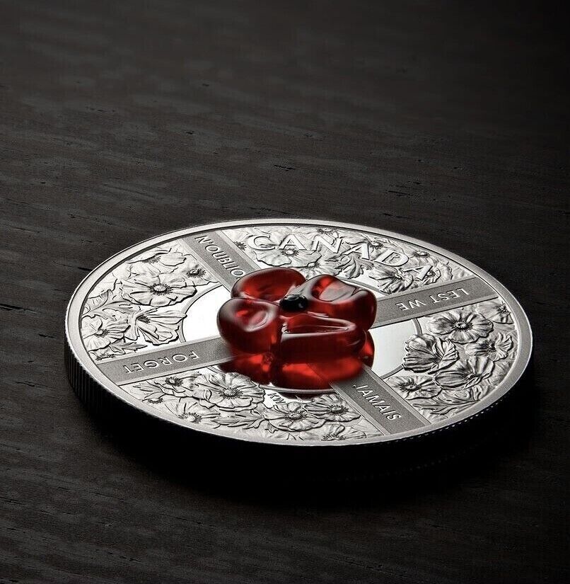 1 Oz Silver Coin 2019 $20 Canada Murano Glass Poppy Flower Lest We Forget-classypw.com-5