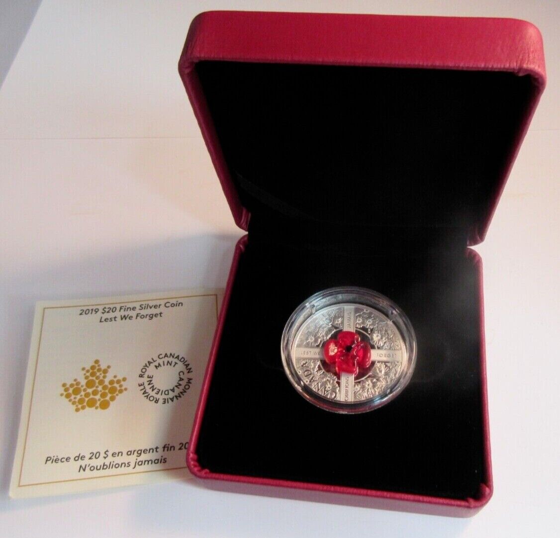 1 Oz Silver Coin 2019 $20 Canada Murano Glass Poppy Flower Lest We Forget-classypw.com-6