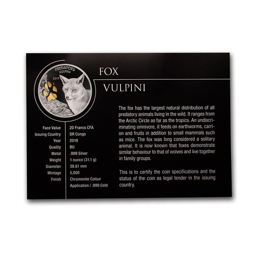 1 Oz Silver Coin 2019 20 Frances CFA Congo Colorized Predators Vulpini Fox-classypw.com-3