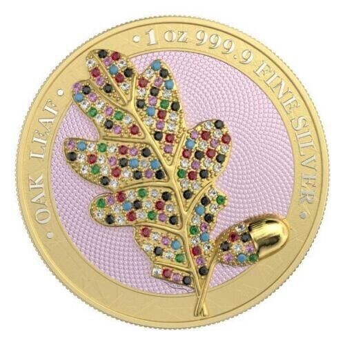 1 Oz Silver Coin 2019 5 Mark Germania Bejeweled Oak Leaf Yellow Silver Coin-classypw.com-1
