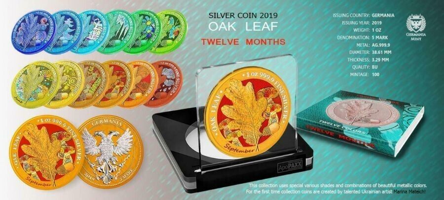 1 Oz Silver Coin 2019 5 Mark Germania Oak Leaf 12 Month Series - July-classypw.com-5