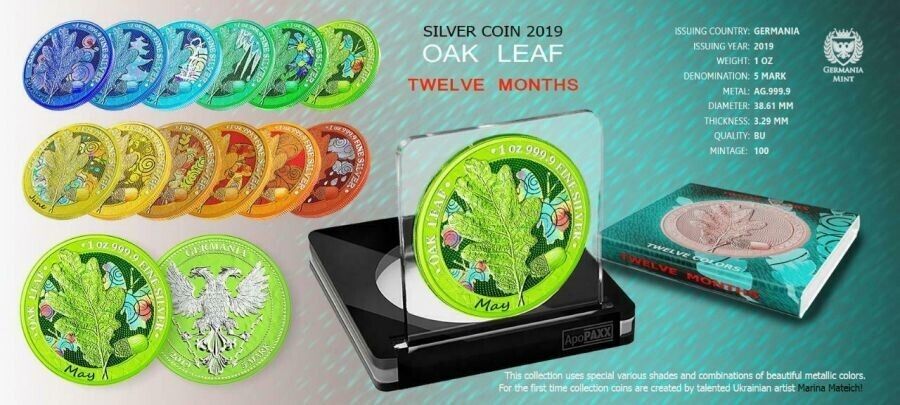 1 Oz Silver Coin 2019 5 Mark Germania Oak Leaf 12 Month Series - May-classypw.com-5