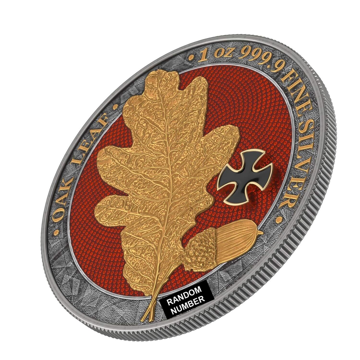 1 Oz Silver Coin 2019 5 Mark Germania Oak Leaf Antique Finish - Golden Cross