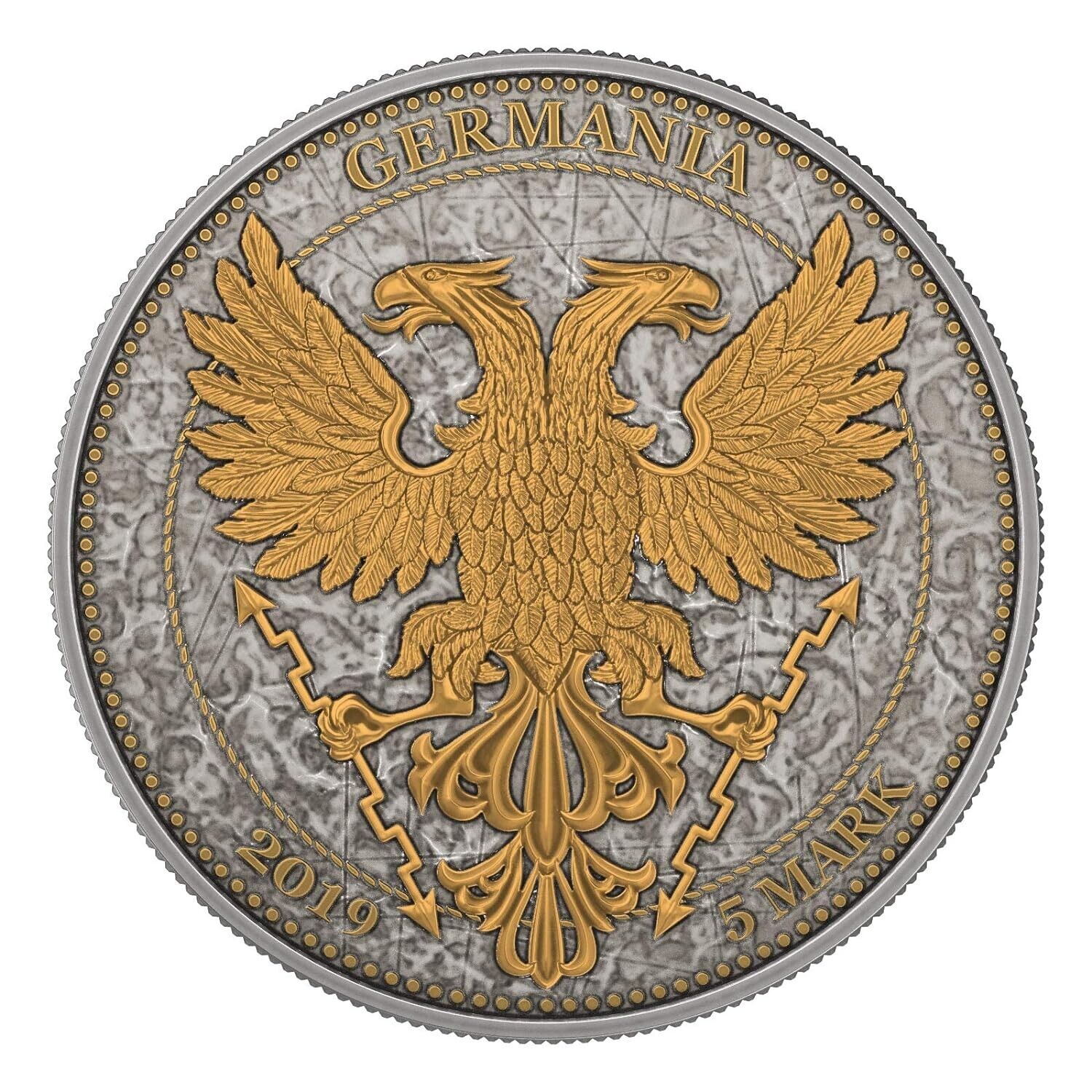 1 Oz Silver Coin 2019 5 Mark Germania Oak Leaf Antique Finish - Golden Cross