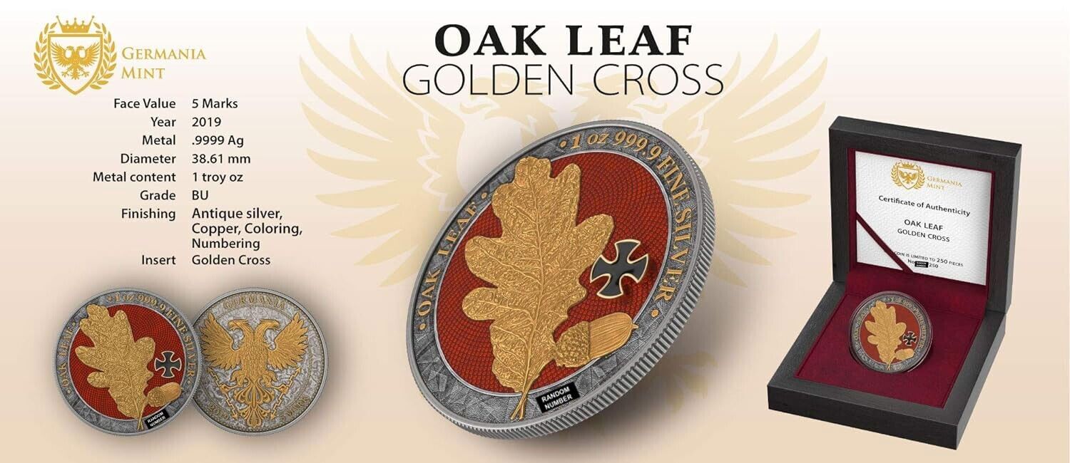 1 Oz Silver Coin 2019 5 Mark Germania Oak Leaf Antique Finish - Golden Cross