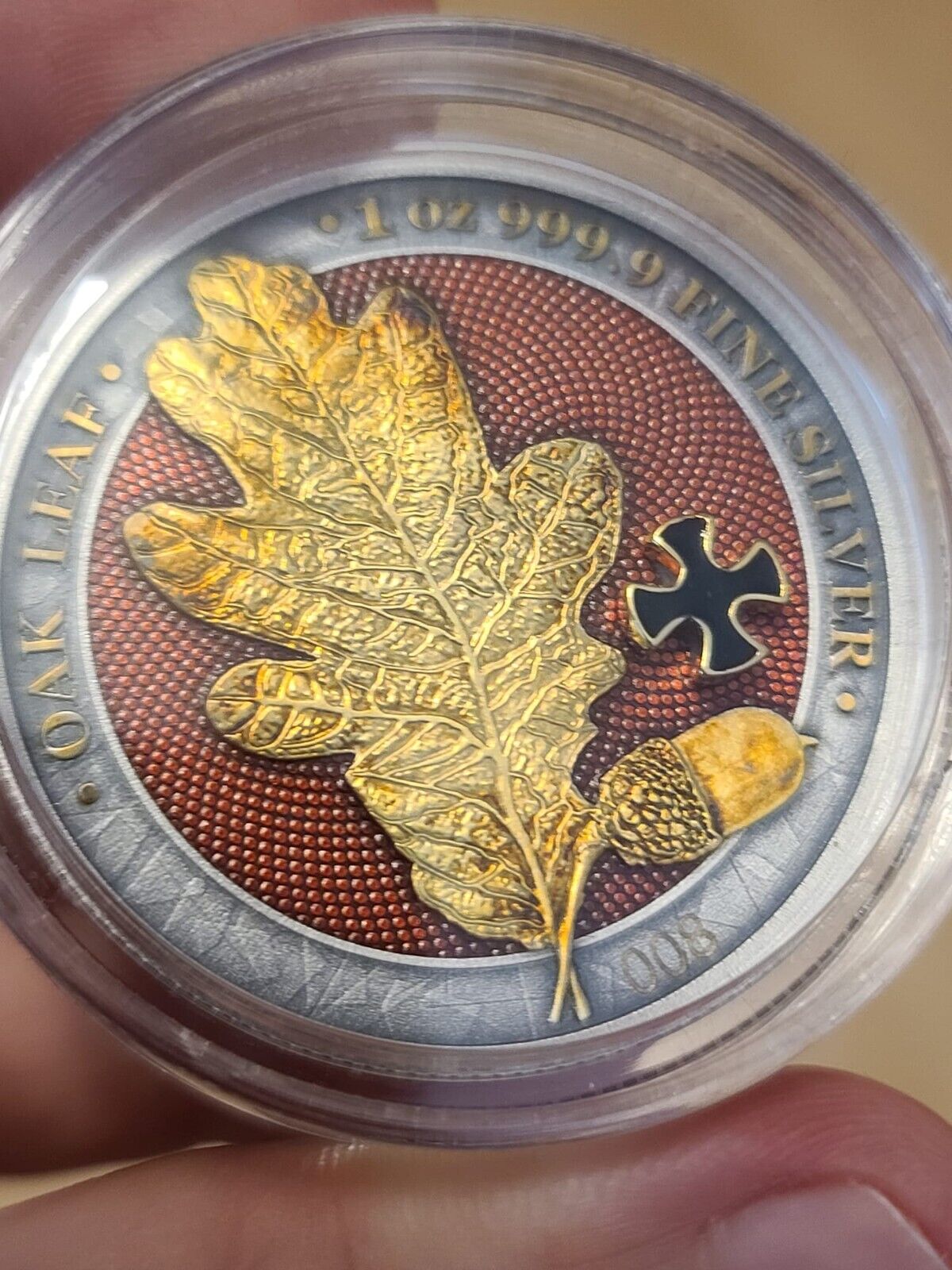 1 Oz Silver Coin 2019 5 Mark Germania Oak Leaf - Cross Gold Black LOW #008/250