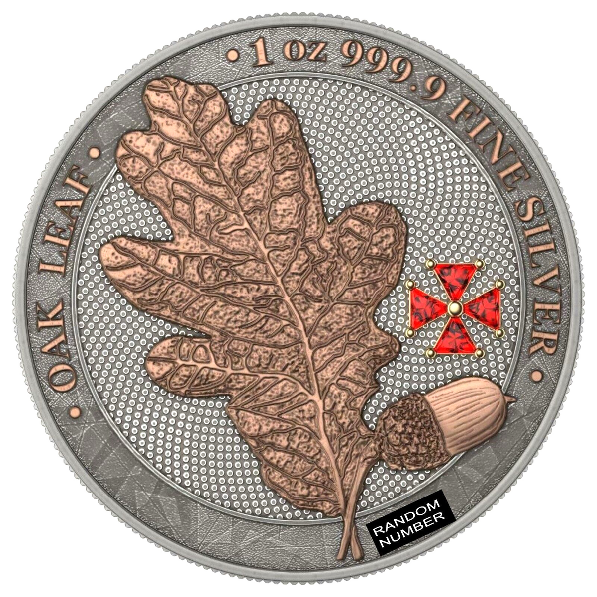 1 Oz Silver Coin 2019 5 Mark Germania Oak Leaf - Red Crystal Cross-classypw.com-1