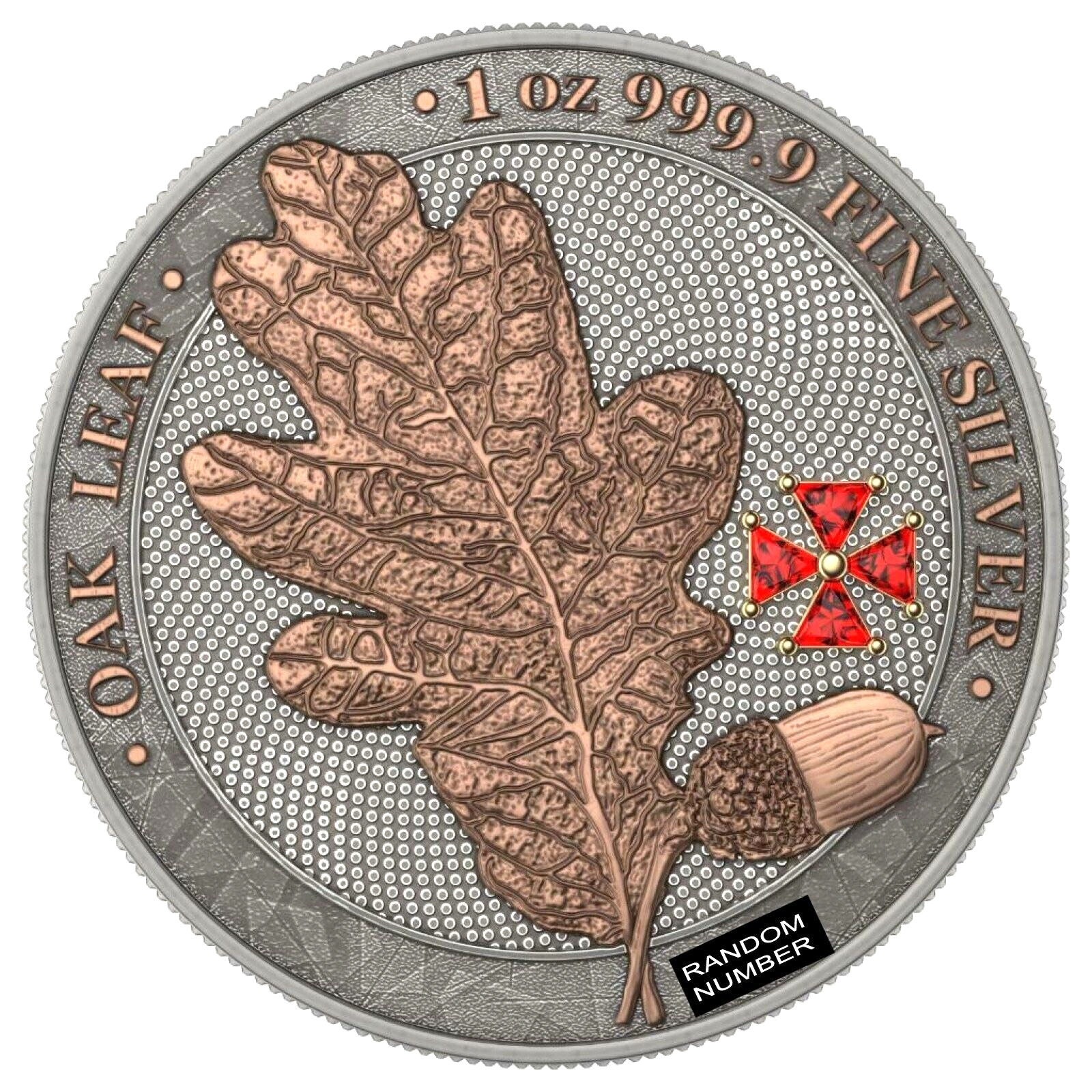 1 Oz Silver Coin 2019 5 Mark Germania Oak Leaf - Red Crystal Cross-classypw.com-1
