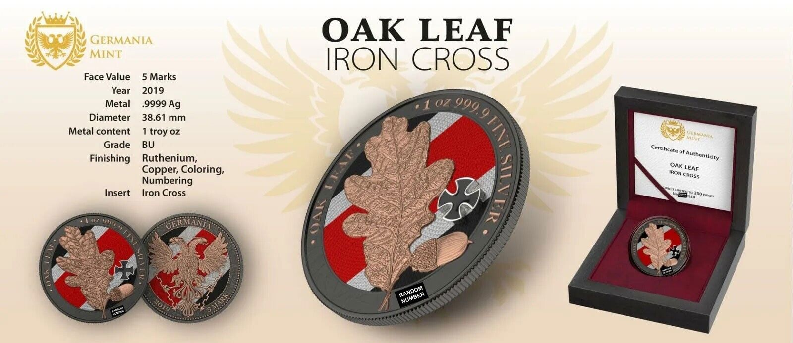 1 Oz Silver Coin 2019 5 Mark Germania Oak Leaf Ruthenium - Iron Cross-classypw.com-6