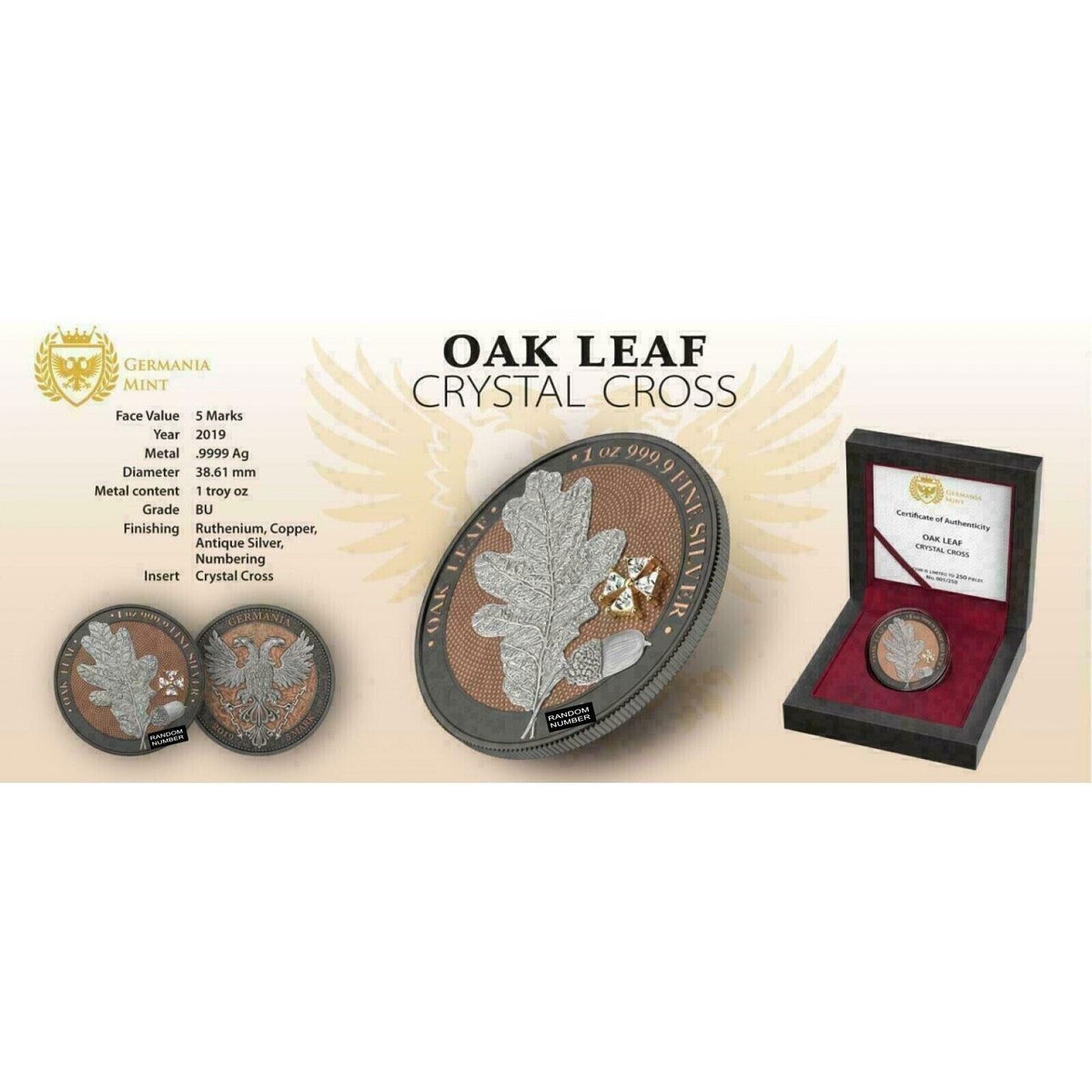 1 Oz Silver Coin 2019 5 Mark Germania Oak Leaf - Ruthenium White Crystal Cross