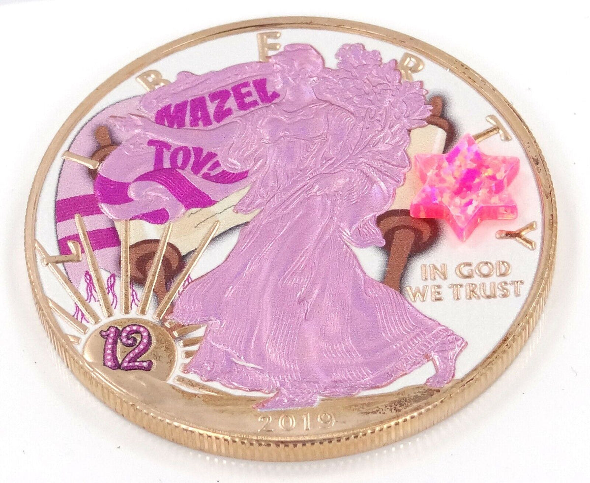 1 Oz Silver Coin 2019 American Eagle $1 Jewish Mazel Tov Bat Mitzvah Opal Stone-classypw.com-2