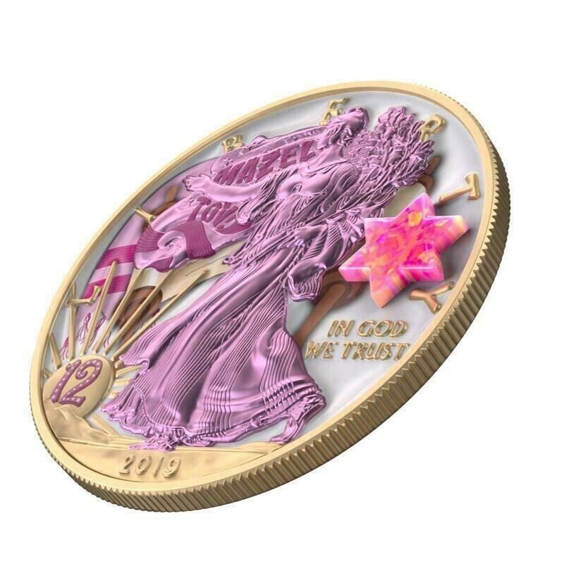 1 Oz Silver Coin 2019 American Eagle $1 Jewish Mazel Tov Bat Mitzvah Opal Stone-classypw.com-4