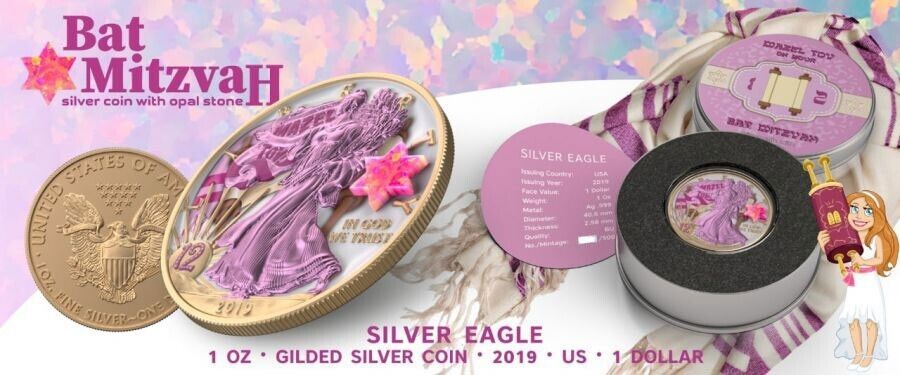 1 Oz Silver Coin 2019 American Eagle $1 Jewish Mazel Tov Bat Mitzvah Opal Stone-classypw.com-6