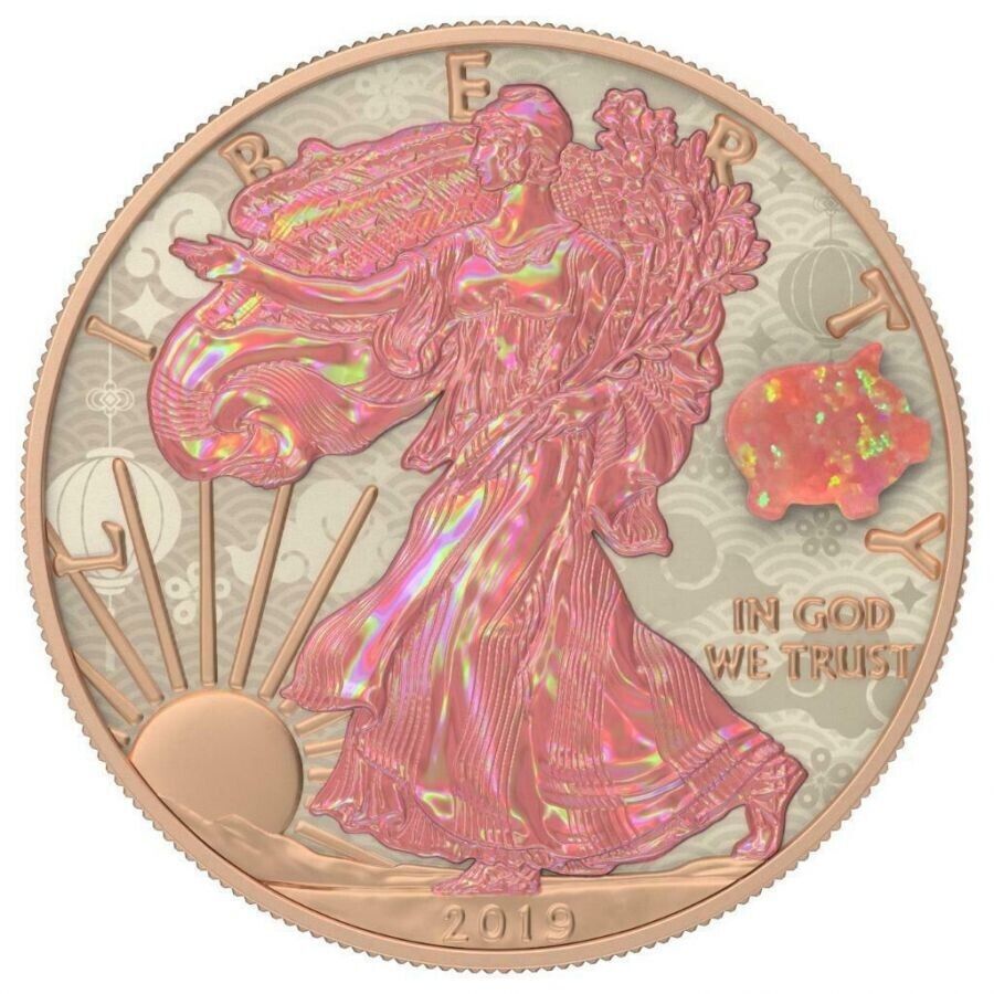1 Oz Silver Coin 2019 American Eagle $1 Year of The Pig Amulet Opal Stone-classypw.com-1