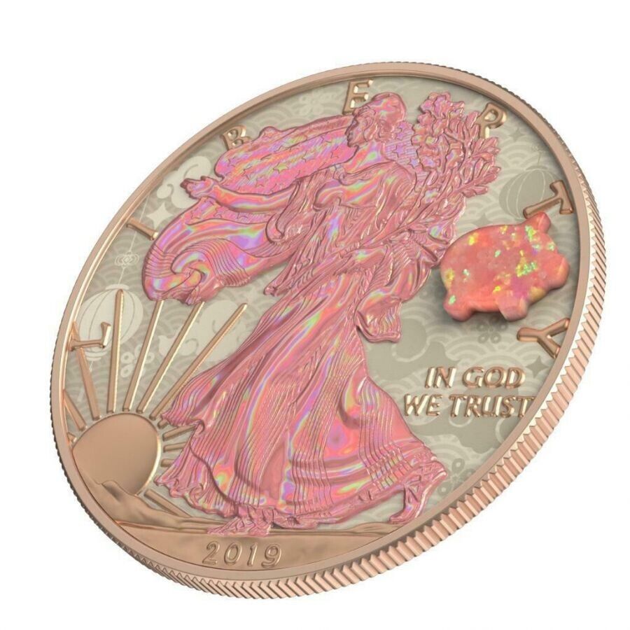 1 Oz Silver Coin 2019 American Eagle $1 Year of The Pig Amulet Opal Stone-classypw.com-2