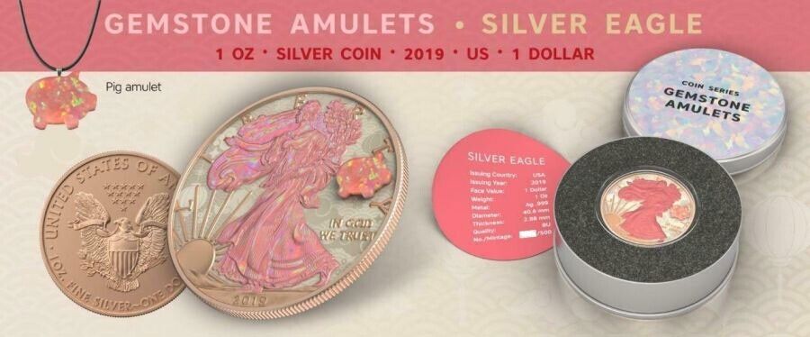 1 Oz Silver Coin 2019 American Eagle $1 Year of The Pig Amulet Opal Stone-classypw.com-5