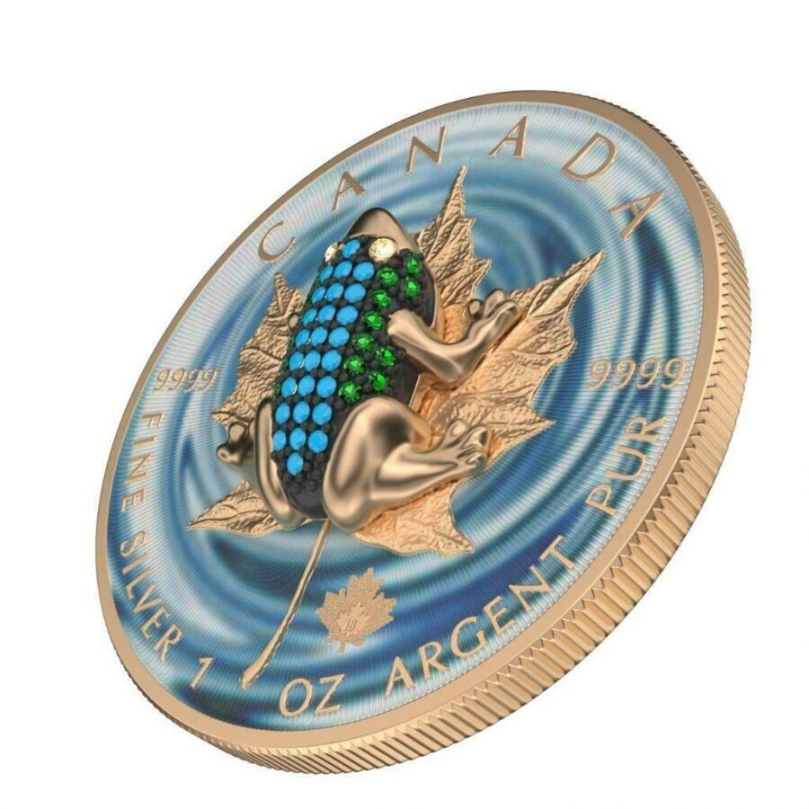 1 Oz Silver Coin 2019 Canada Maple Leaf $5 Bejeweled Frog Swarovski Crystals-classypw.com-1