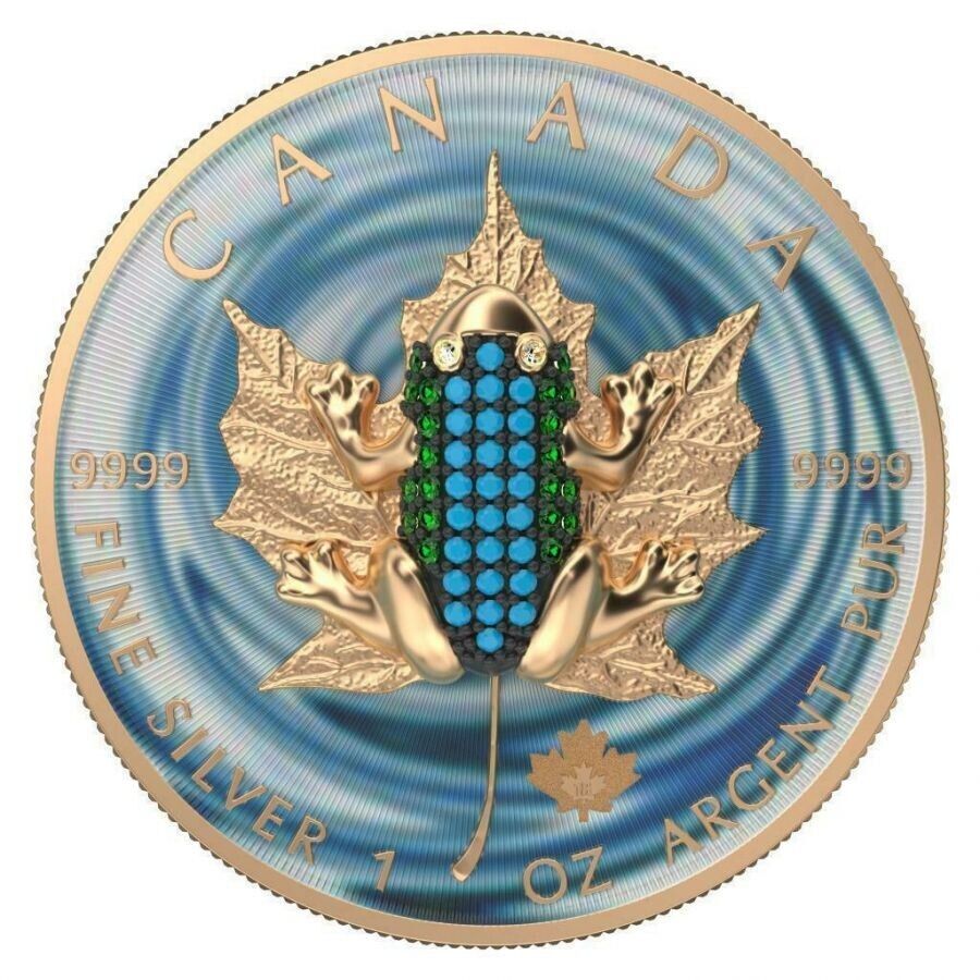 1 Oz Silver Coin 2019 Canada Maple Leaf $5 Bejeweled Frog Swarovski Crystals-classypw.com-2