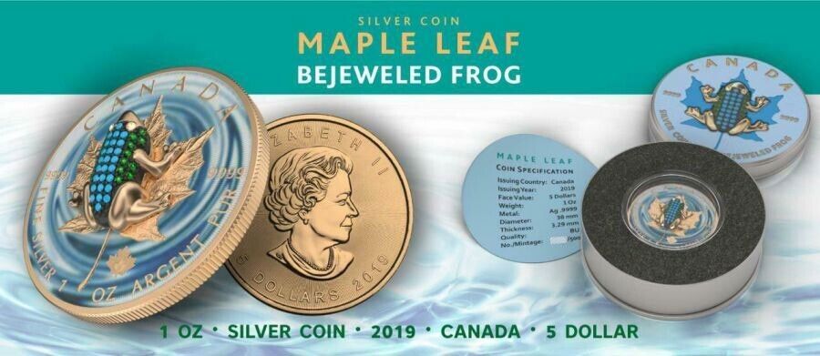 1 Oz Silver Coin 2019 Canada Maple Leaf $5 Bejeweled Frog Swarovski Crystals-classypw.com-6