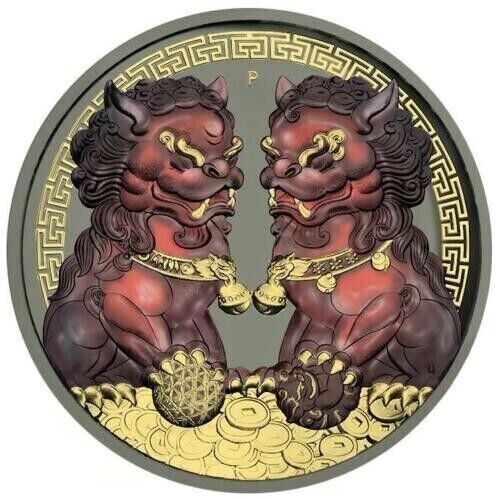 1 Oz Silver Coin 2020 $1 Australia Guardian Sky Lions Pixiu - Dark Red & Gilded-classypw.com-3