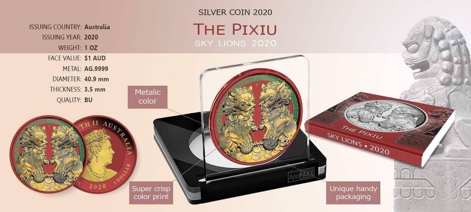 1 Oz Silver Coin 2020 $1 Australia Guardian Sky Lions Pixiu - Space Red & Gilded-classypw.com-4